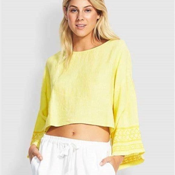 Seafolly Brightfolk Lime Light Cropped Oversized Flare Sleeves Linen Top Size XS - Picture 1 of 9